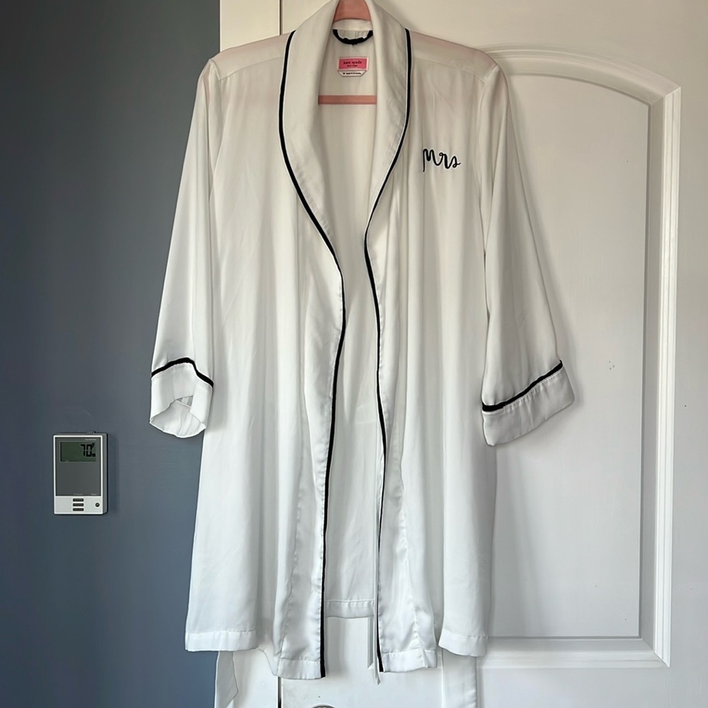 kate spade White Satin Robe with Black Trim - "Mrs." Embroidery